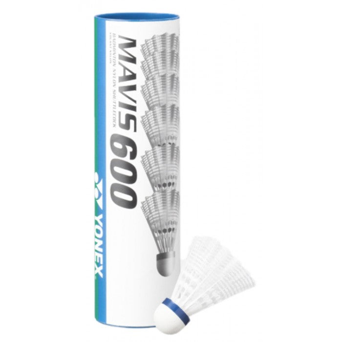 YONEX MAVIS 600 WHITE SHUTTLES - MEDIUM (BLUE) (TUBE OF 6)