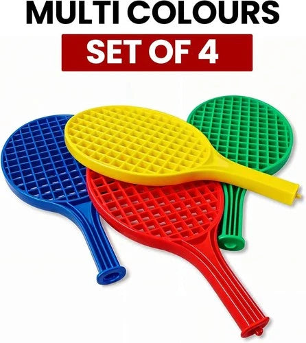 Kids Plastic Tennis Rackets | Set of 4 Colourful Paddles | Lightweight & Durable